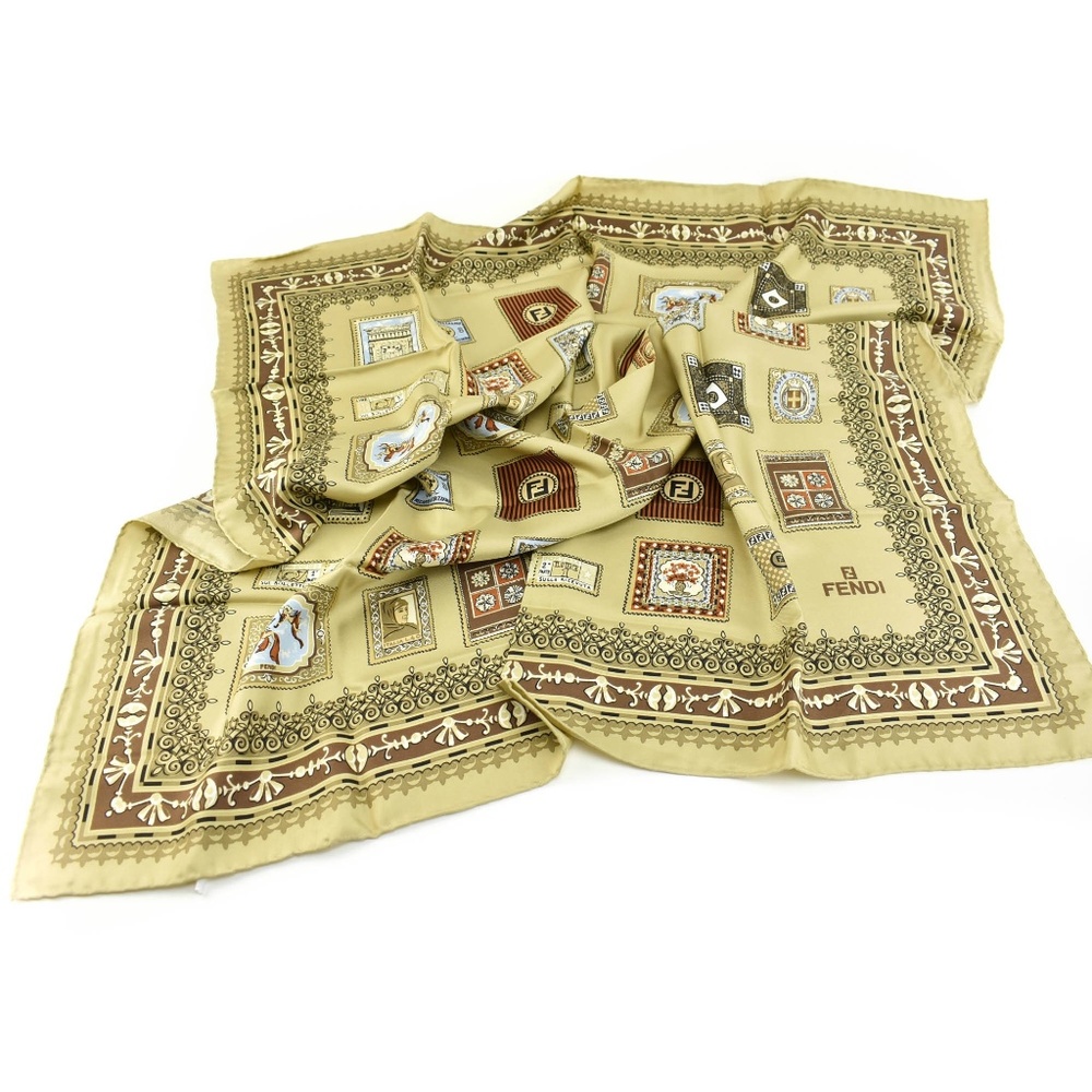 FENDI "Stamps" Beige, "FF" Logo 100% Silk Scarf ax